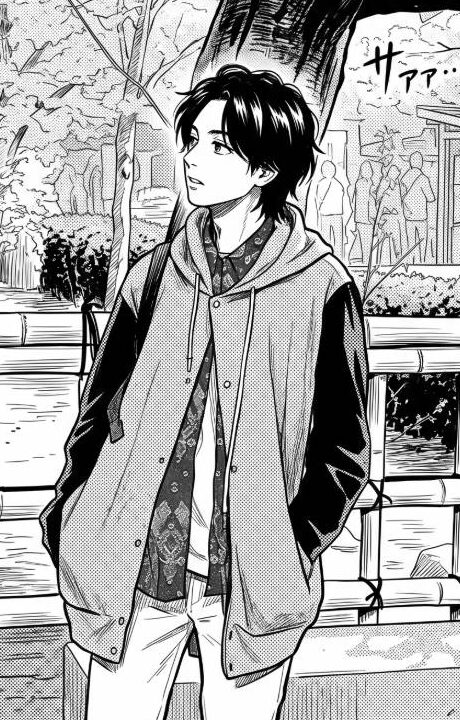 Shaka standing under a cherry tree, drawn manga style